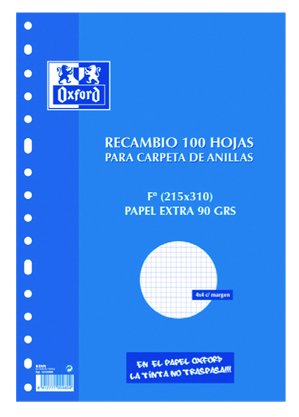 OXFORD - RECAMBIO SCHOOL Fº 100h 90gr 16 TALADROS CUADRIC.4x4 C/MARGEN AZUL (Ref.100430207)