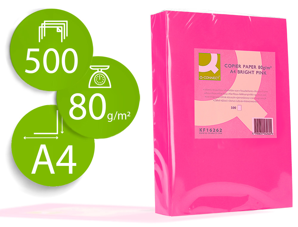 Q-CONNECT - PAPEL COLOR DIN A4 80GR ROSA INTENSO PAQUETE DE 500 HOJAS (Ref.KF16262)