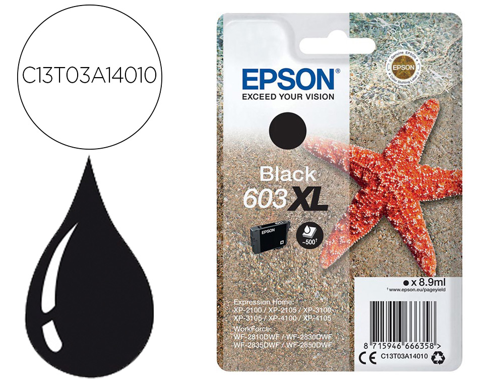 EPSON - Ink-jet 603xl xp-2100 / 2105 / 3100 / 4100 / wf-2810 / 2830 / 2835 / 2850 negro 500 paginas (Ref. C13T03A14010)