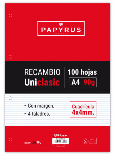 PAPYRUS - RECAMBIO UNICLASIC A4 100h 90g MULTITALADRO CUAD.4x4 C/MARGEN (Ref.53391000)