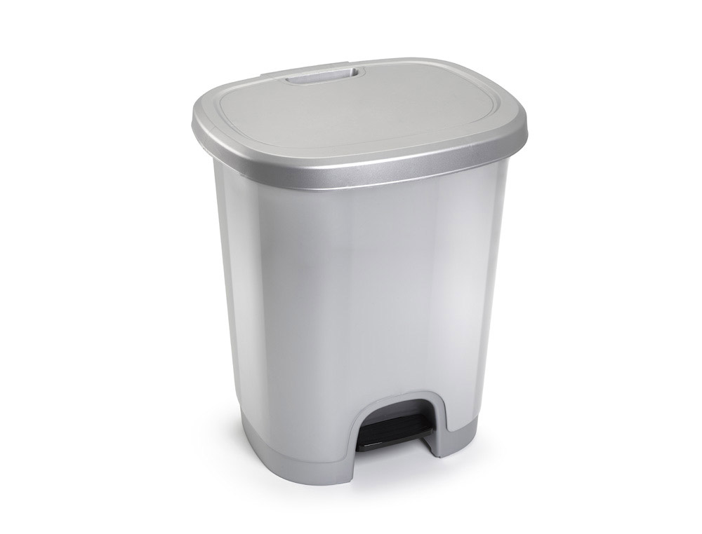 PLASTICFORTE - Papelera contenedor plastico con tapadera y pedal 27 litros color plata 380x320x450 mm (Ref. 1206112)