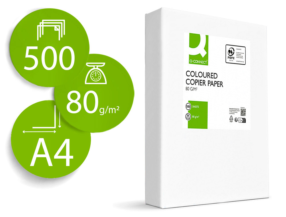 Q-CONNECT - PAPEL COLOR DIN A4 80GR VERDE INTENSO PAQUETE DE 500 HOJAS (Ref.KF01429)