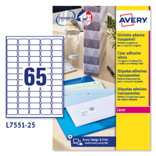 AVERY - ETIQUETA ADHESIVAS DIN A4 IMPRIMIBLES TRANSPARENTE 38,1X21,2 MM CAJA DE 25 HOJAS CON 1625 ETIQUETAS (Ref.L7551-25)