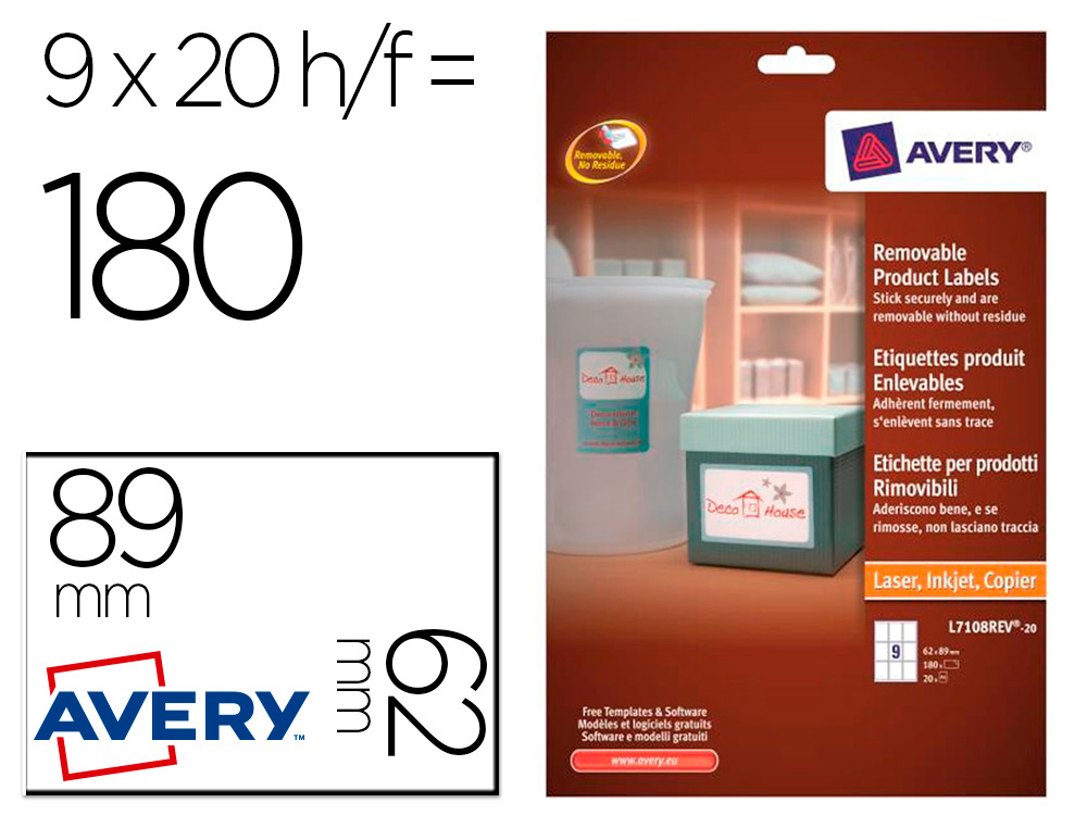 AVERY - Etiqueta adhesiva removible para impresora laser inyeccion tinta fotocopiadora blanca 62x89 mm (Ref. L7108REV-20)