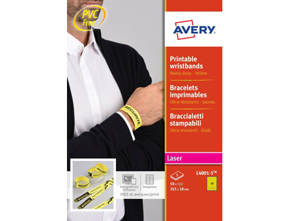 AVERY - PULSERA IDENTIFICATIVA POLIETILENO AMARILLO FLUORESCENTE IMPRIMIBLE LASER 265X18 MM PACK DE 50 UNIDADES (Ref.L4001-5)