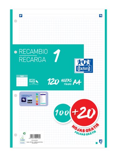 OXFORD - RECAMBIO COLOR DIN A4 100 HOJAS 90 GR CUADRO 5 MM 4 TALADROS VERDE MENTA (Ref.400106625)