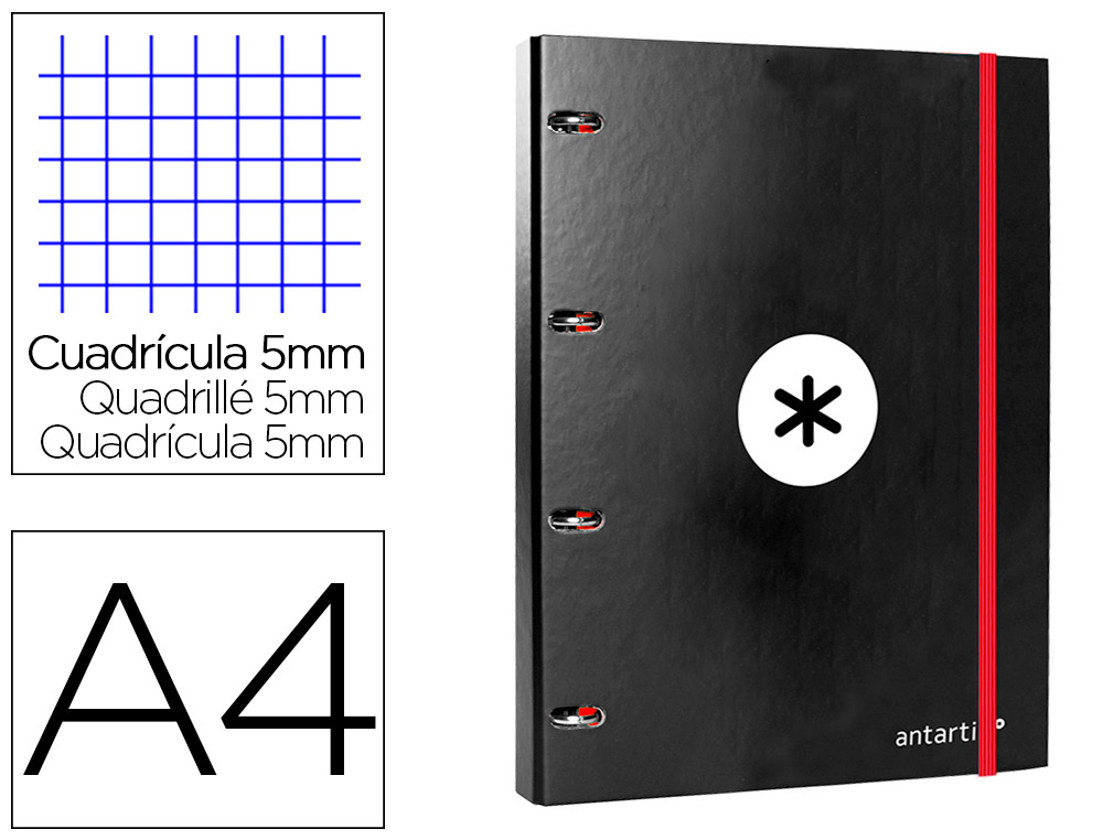 ANTARTIK - CARPETA CON RECAMBIO LIDERPAPEL A4 CUADRO 5 MM FORRADA 4 ANILLAS 25MM COLOR NEGRO (Ref.AW04)