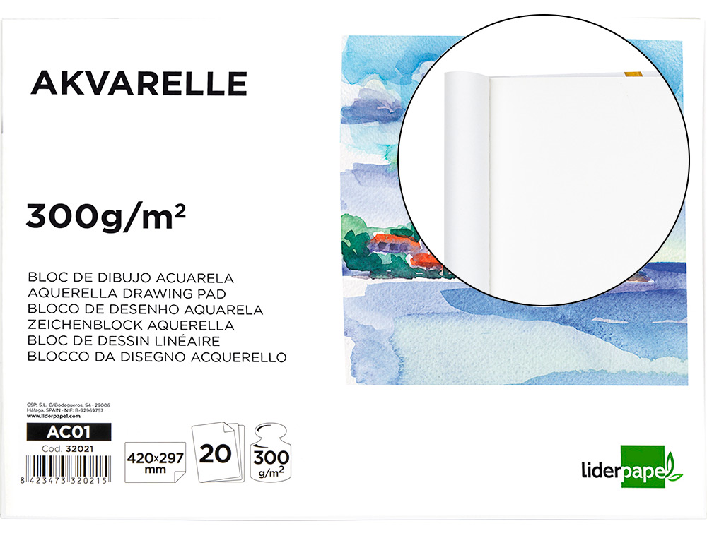 LIDERPAPEL - BLOC DIBUJO ACUARELA ENCOLADO 297X420MM 20 HOJAS 300G M2 SIN RECUADRO (Ref.AC01)