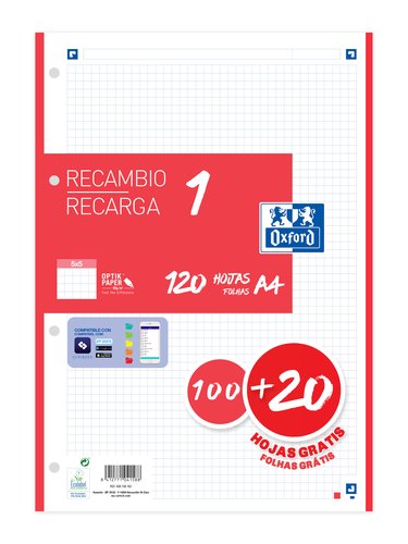 OXFORD - RECAMBIO COLOR DIN A4 100 HOJAS 90 GR CUADRO 5 MM 4 TALADROS ROJO (Ref.400106623)
