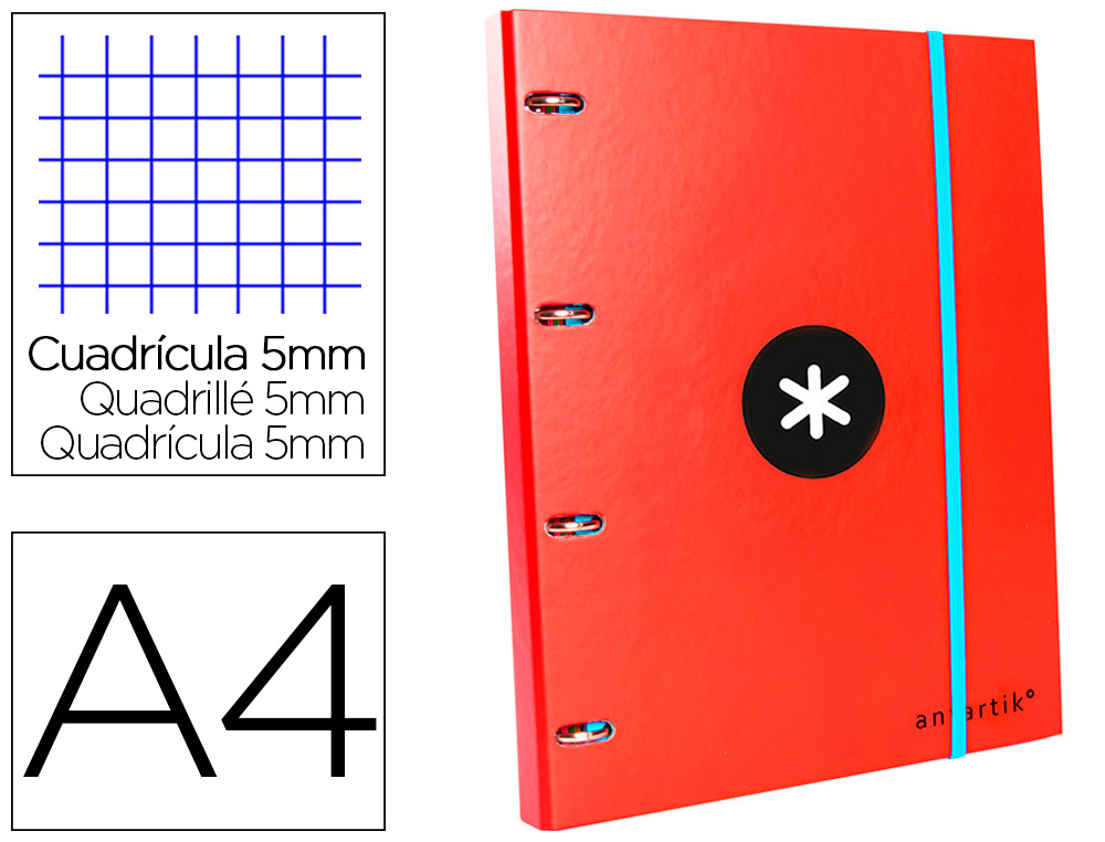 ANTARTIK - CARPETA CON RECAMBIO LIDERPAPEL A4 CUADRO 5 MM FORRADA 4 ANILLAS 25MM COLOR ROJO (Ref.AW01)