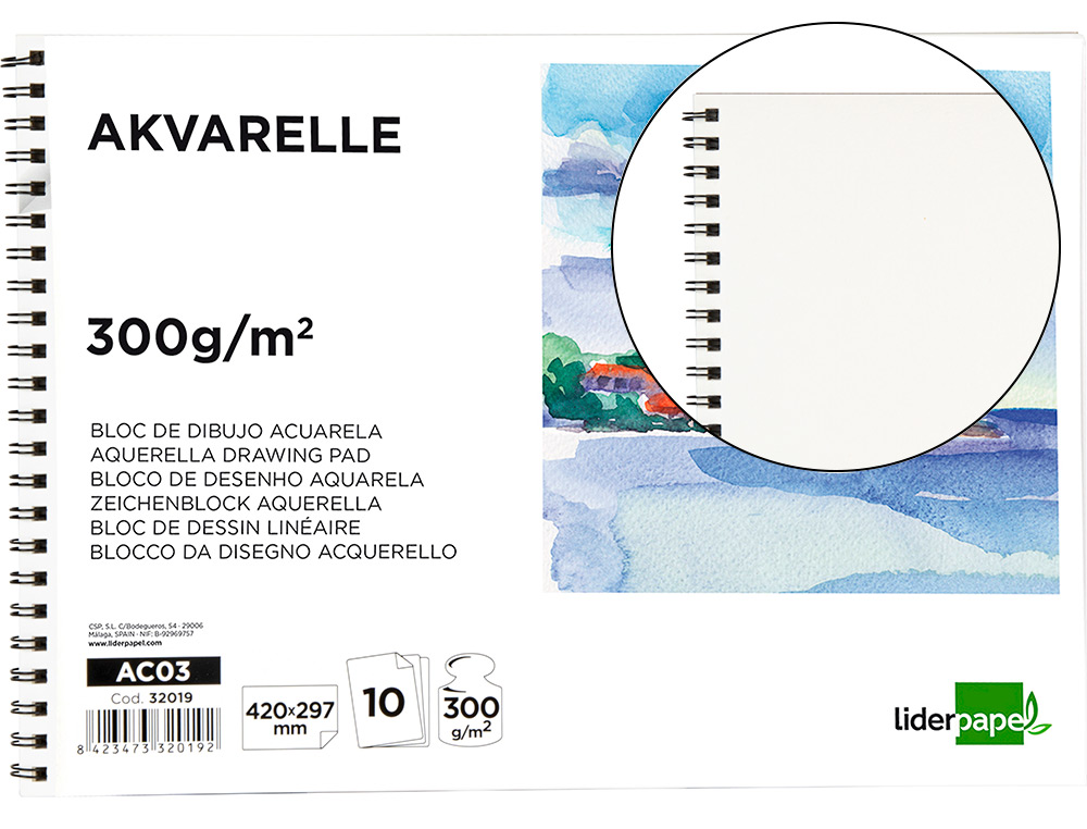 LIDERPAPEL - BLOC DIBUJO ACUARELA ESPIRAL 297X420MM 10 HOJAS 300G/M2 SIN RECUADRO (Ref.AC03)