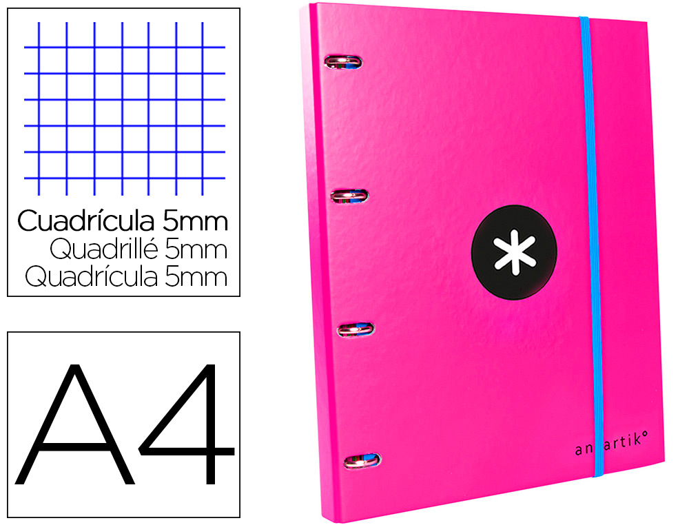 ANTARTIK - CARPETA CON RECAMBIO LIDERPAPEL A4 CUADRO 5 MM FORRADA 4 ANILLAS 25MM COLOR ROSA (Ref.AW02)