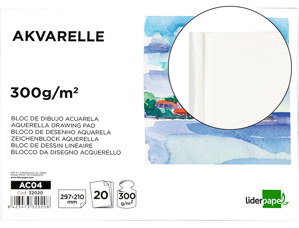 LIDERPAPEL - BLOC DIBUJO ACUARELA ENCOLADO 210X297MM 20 HOJAS 300G/M2 SIN RECUADRO (Ref.AC04)