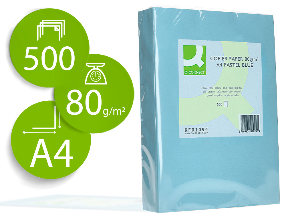 Q-CONNECT - PAPEL COLOR DIN A4 80GR CELESTE PAQUETE DE 500 HOJAS (Ref.KF01094)
