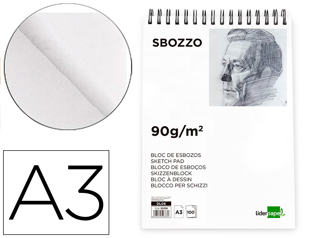 LIDERPAPEL - BLOC DIBUJO ESBOZOS ESPIRAL A3 297X420MM 100 HOJAS 90G/M2 SIN RECUADRO (Ref.DL06)