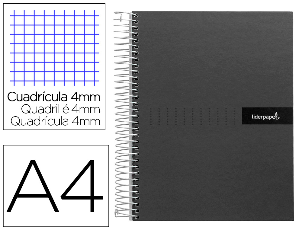 LIDERPAPEL - Cuaderno espiral A4 crafty tapa forrada 80h 90 gr cuadro 4mm con margen color negro (Ref. BJ77)