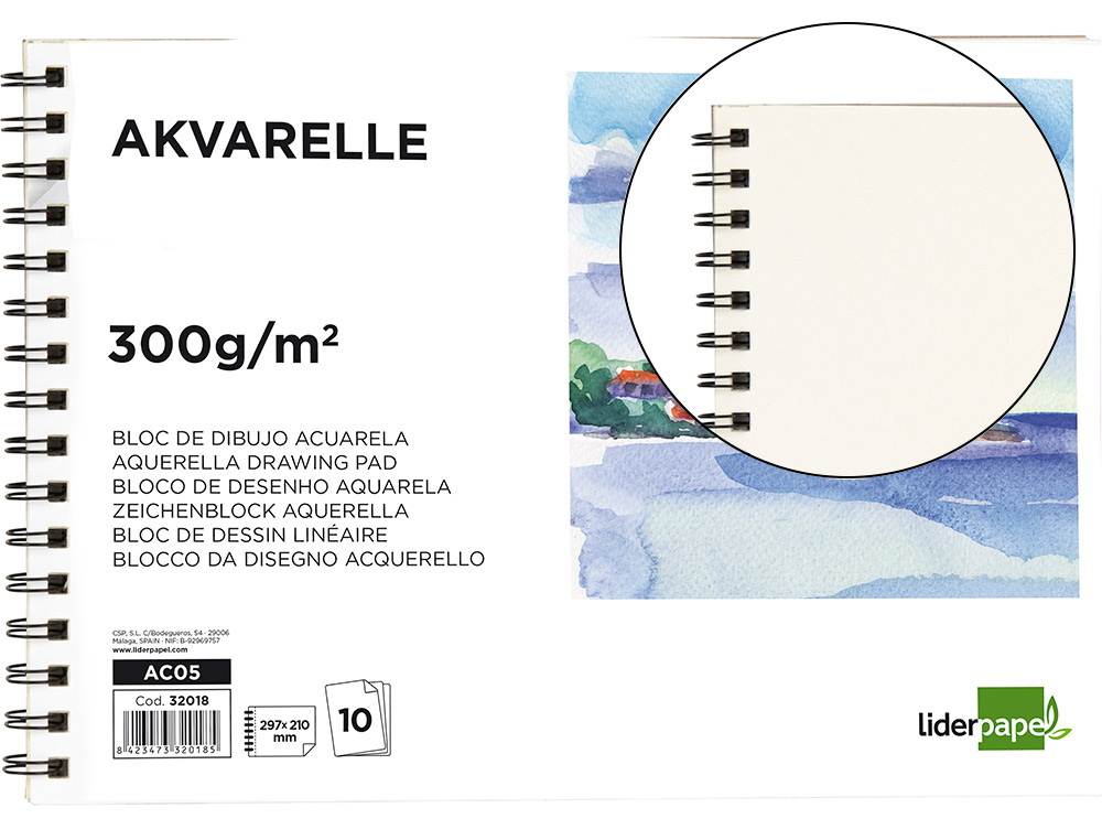 LIDERPAPEL - BLOC DIBUJO ACUARELA ESPIRAL 297X210MM 10 HOJAS 300G/M2 SIN RECUADRO (Ref.AC05)