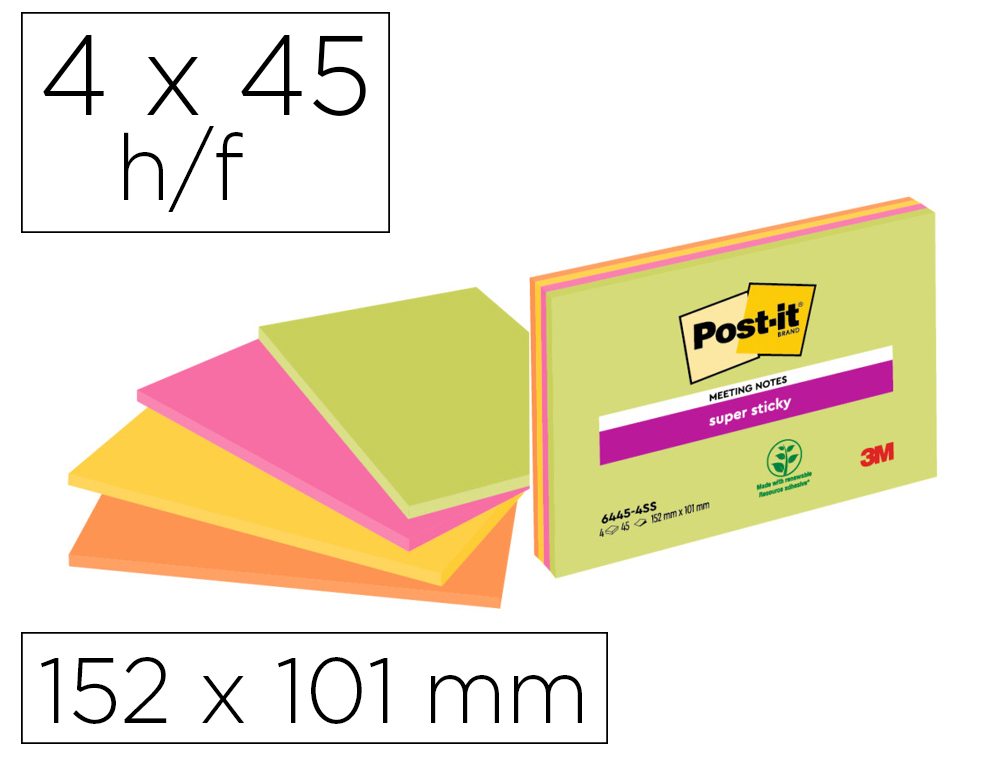 POST-IT - BLOC DE NOTAS ADHESIVAS QUITA Y PON SUPER STICKY 149X98 MM CON 45 HOJAS PACK DE 4 UNIDADES COLORES NEON (Ref.6445-SSP)