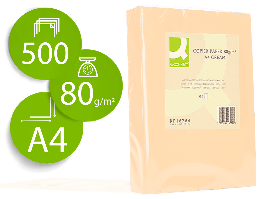 Q-CONNECT - PAPEL COLOR DIN A4 80GR CREMA PAQUETE DE 500 HOJAS (Ref.KF16264)
