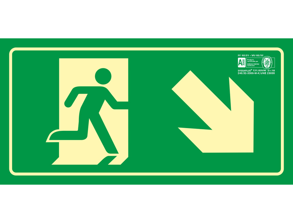 SYSSA - PICTOGRAMA SEÑAL DE SALIDA EMERGENCIA DERECHA ESCALERA BAJANDO EN PVC FOTOLUMINISCENTE 320X160 MM (Ref.9017F)