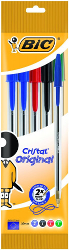 BIC - Boligrafo Cristal 5 ud 3 Azules,Negro,Rojo y Verde (Ref.802054)