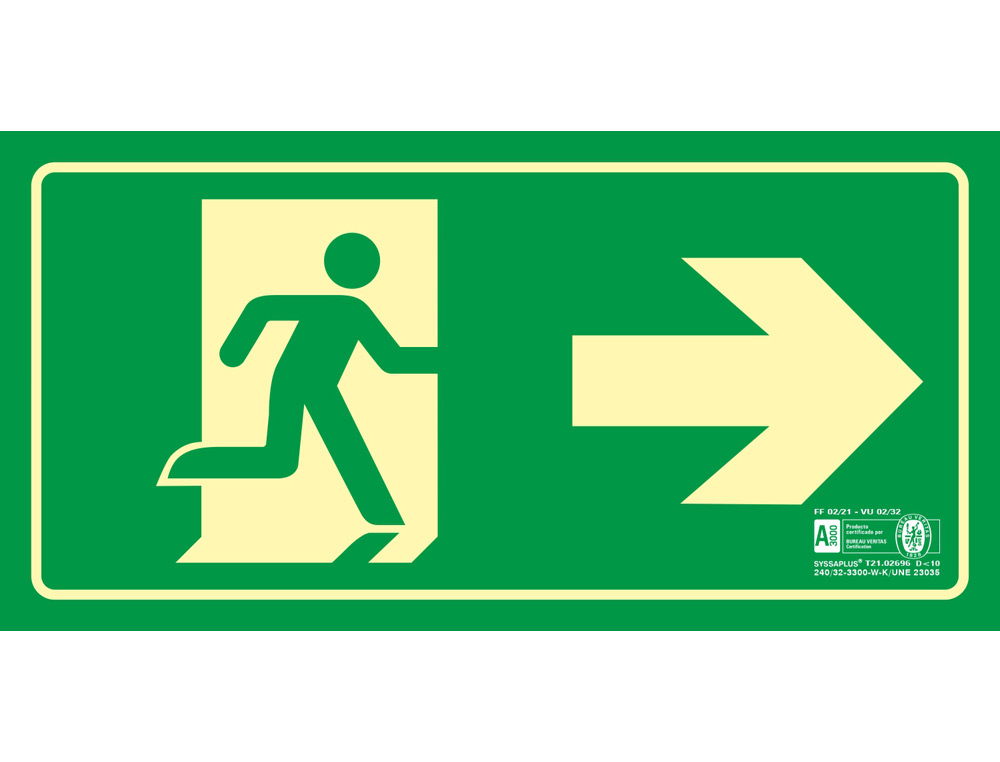 SYSSA - PICTOGRAMA SEÑAL DE SALIDA EMERGENCIA FLECHA DERECHA EN PVC FOTOLUMINISCENTE 320X160 MM (Ref.9015F)