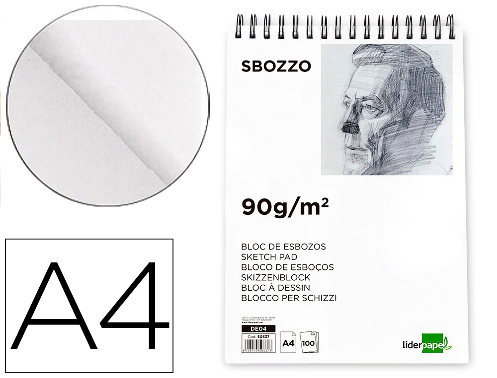 LIDERPAPEL - BLOC DIBUJO ESBOZOS ESPIRAL DIN A4 210X297MM 100 HOJAS 90G/M2 SIN RECUADRO (Ref.DE04)