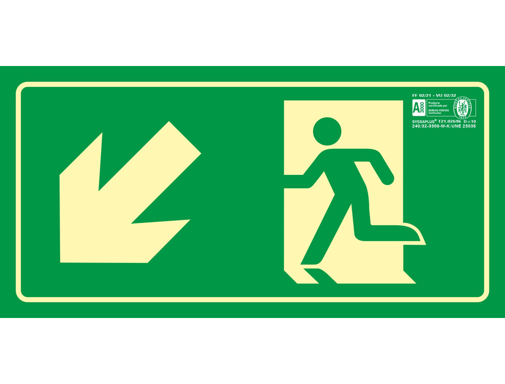 SYSSA - PICTOGRAMA SEÑAL DE SALIDA EMERGENCIA IZQUIERDA ESCALERA BAJANDO EN PVC FOTOLUMINISCENTE 320X160 MM (Ref.9018F)
