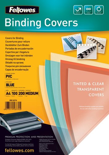 FELLOWES - Pack de 100 Portadas Pvc Transparente Azul A4 180 Micras (Ref.5377101)