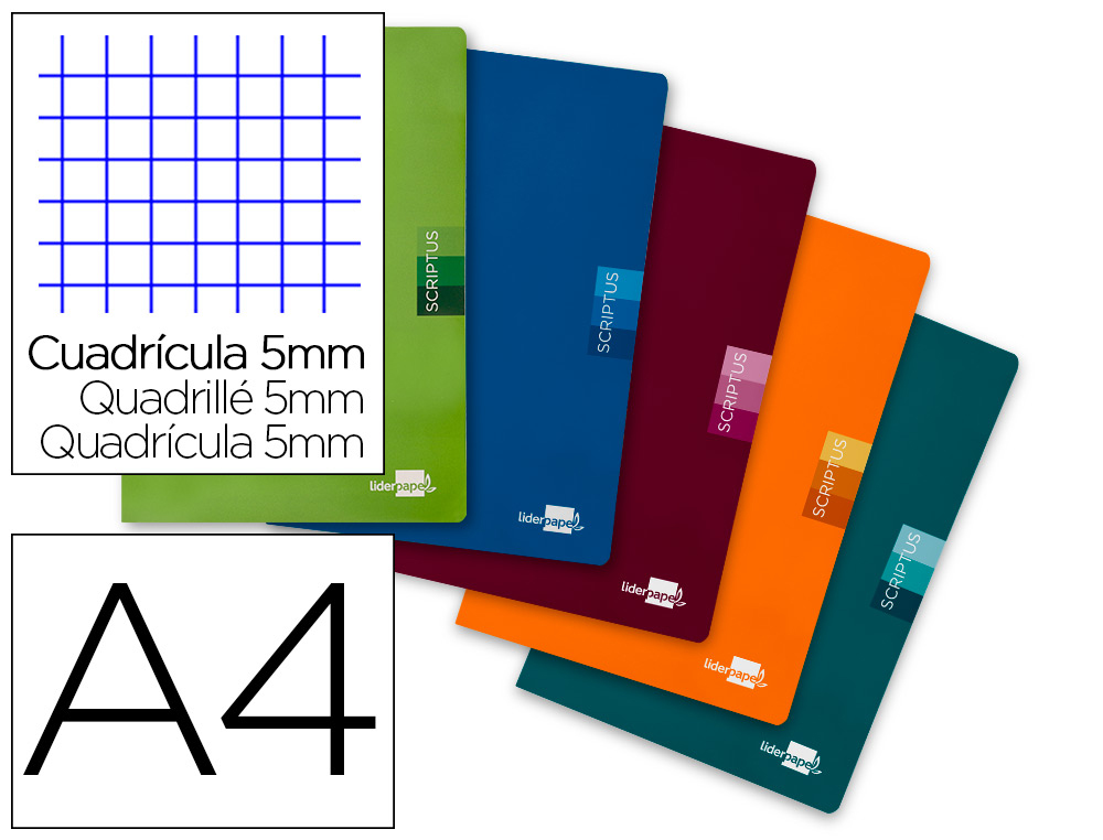 LIDERPAPEL - LIBRETA SCRIPTUS A4 48 HOJAS 90G/M2 CUADRO 5MM CON MARGEN COLORES SURTIDOS (Ref.LA24)