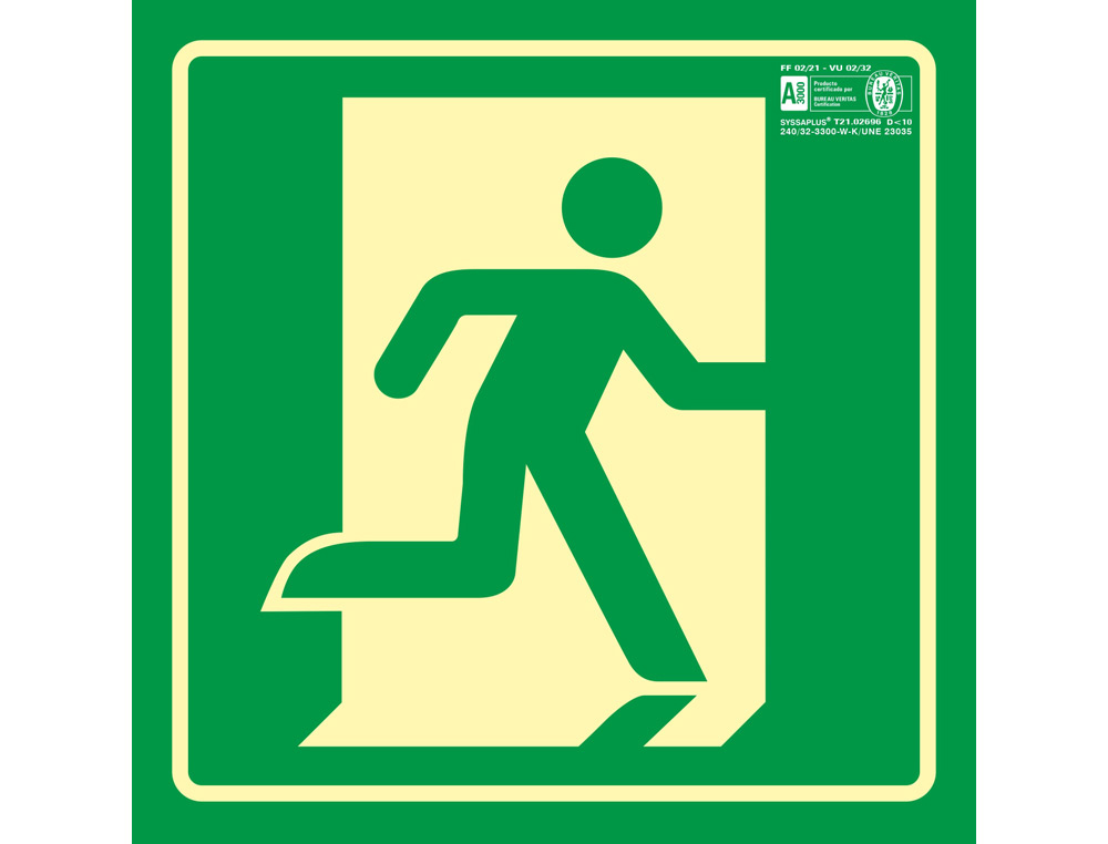 SYSSA - PICTOGRAMA SEÑAL DE SALIDA DE EMERGENCIA DERECHA EN PVC FOTOLUMINISCENTE 224X224 MM (Ref.9051F)