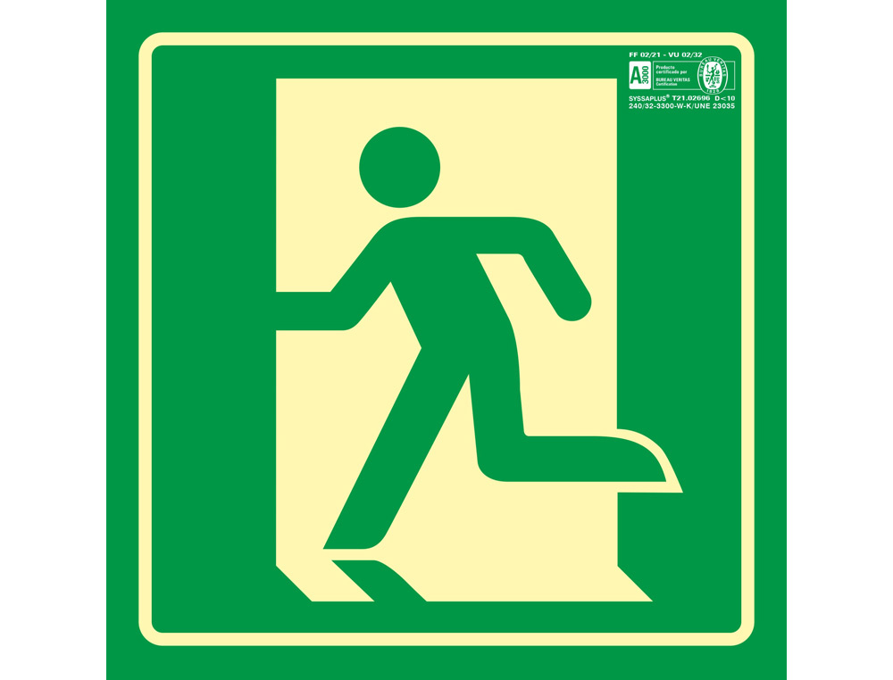 SYSSA - PICTOGRAMA SEÑAL DE SALIDA DE EMERGENCIA IZQUIERDA EN PVC FOTOLUMINISCENTE 224X224 MM (Ref.9050F)