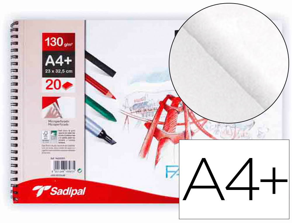 FABRIANO - Bloc dibujo sadipal din a4+ espiral 20 hojas 130g/m2 grano suave microperforado liso (Ref. F76233350)