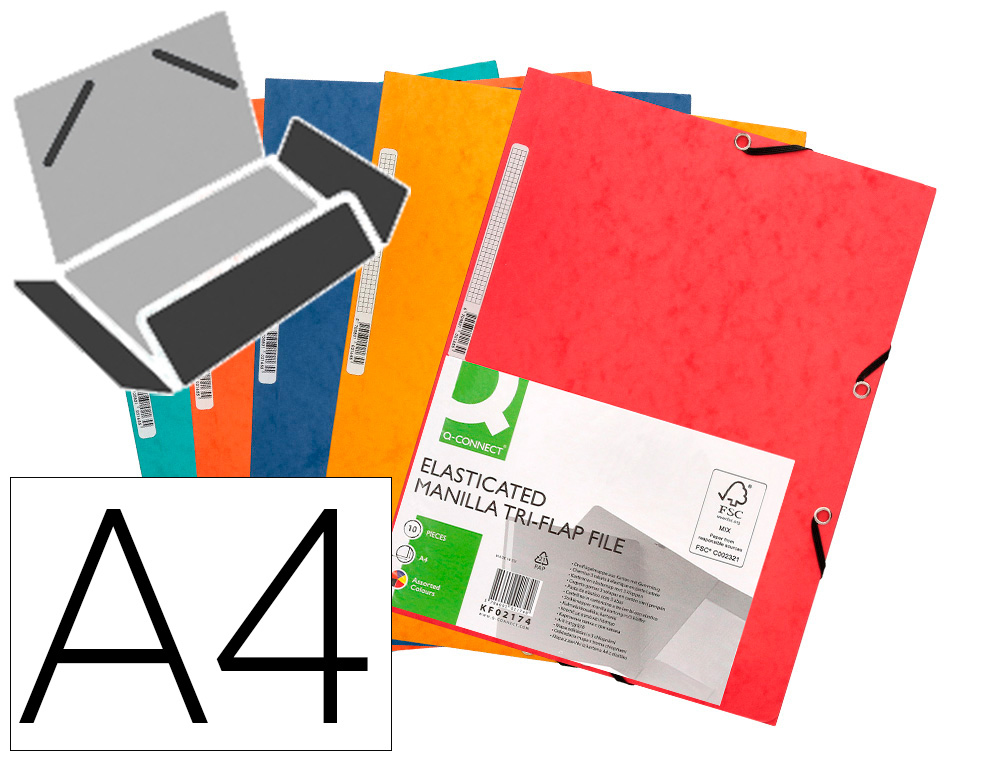 Q-CONNECT - CARPETA GOMAS Cartón SIMIL-PRESPAN SOLAPAS 320X243 MM SURTIDAS ROJA-AMARILLA-AZUL-VERDE-NARAN (Ref.KF02174)