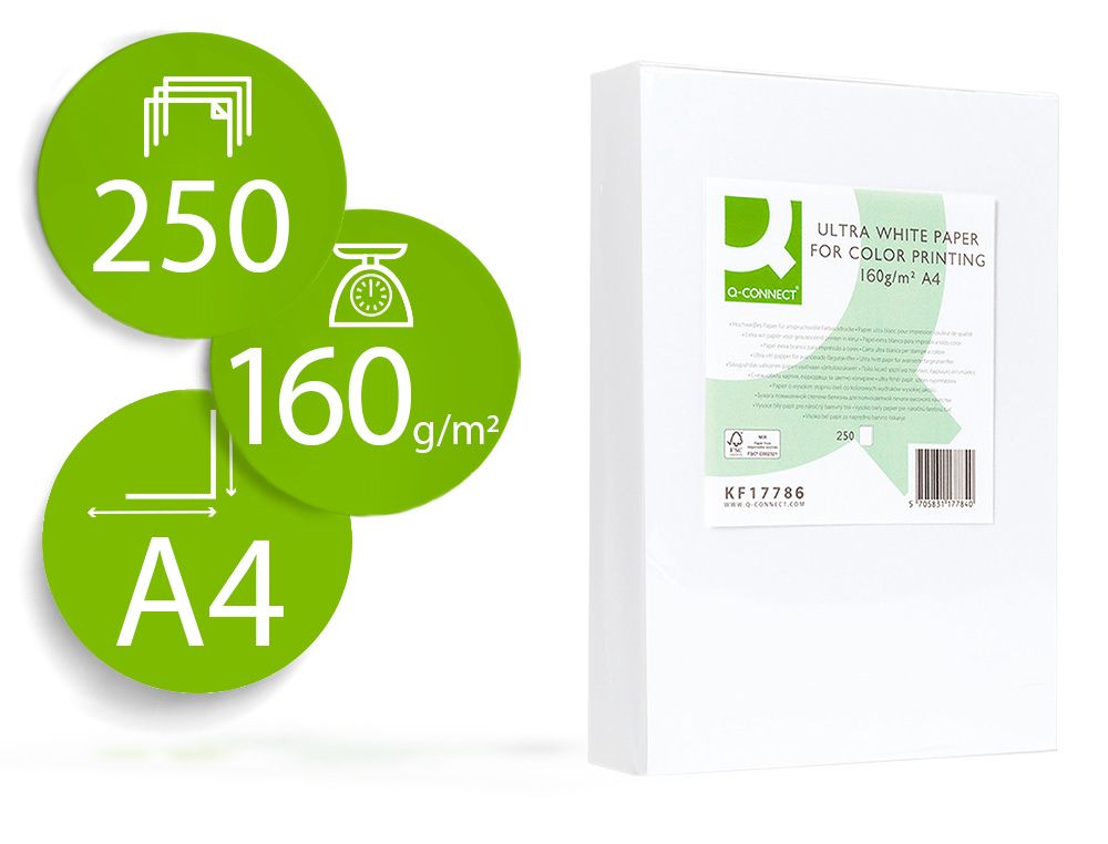Q-CONNECT - PAPEL FOTOCOPIADORA ULTRA WHITE DIN A4 160 GRAMOS PAQUETE DE 250 HOJAS (Ref.KF17786)