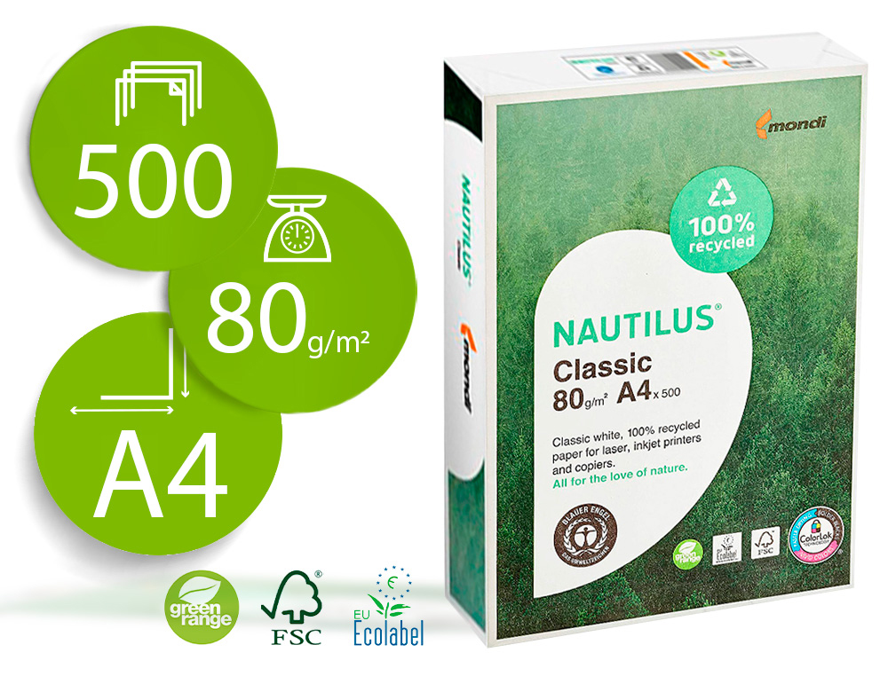 NAUTILUS - PAPEL FOTOCOPIADORA DIN A4 80 GRAMOS -PAQUETE DE 500 HOJAS 100% RECICLADO (Ref.NT-80-A4)