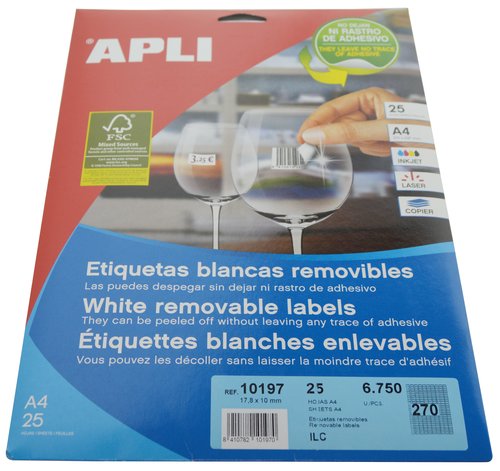 APLI - ETIQUETA ADHESIVAS TAMAÑO 17,8X10 MM REMOVIBLE PARA FOTOCOPIADORA LASER INK-JET CAJA 25 HOJAS CON (Ref.10197)