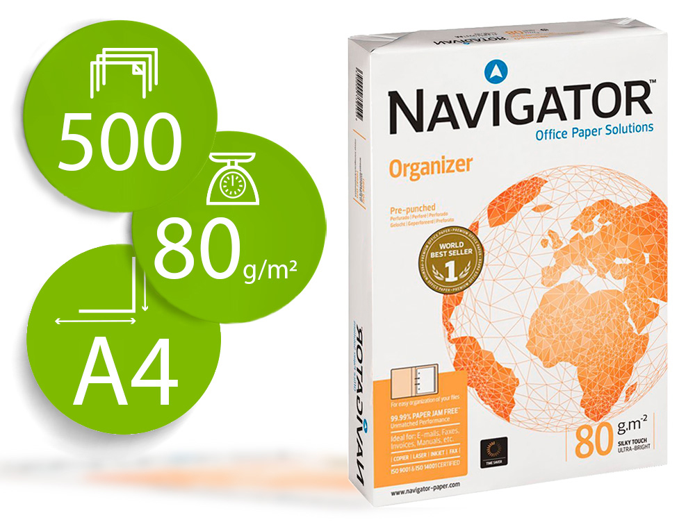 NAVIGATOR - Papel fotocopiadora din A4 80 gramos 2 taladros papel multiuso ink-jet y laser paquete de 500 hojas (Ref. NAV-80-2T)