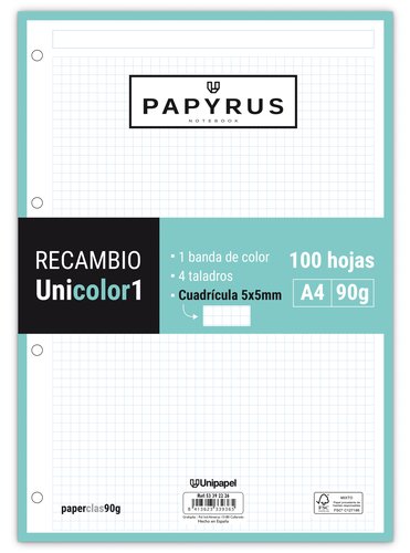 PAPYRUS - RECAMBIO UNICOLOR1 A4 100h 90g MULTITALADRO CUAD.5x5 MINT (Ref.53392226)