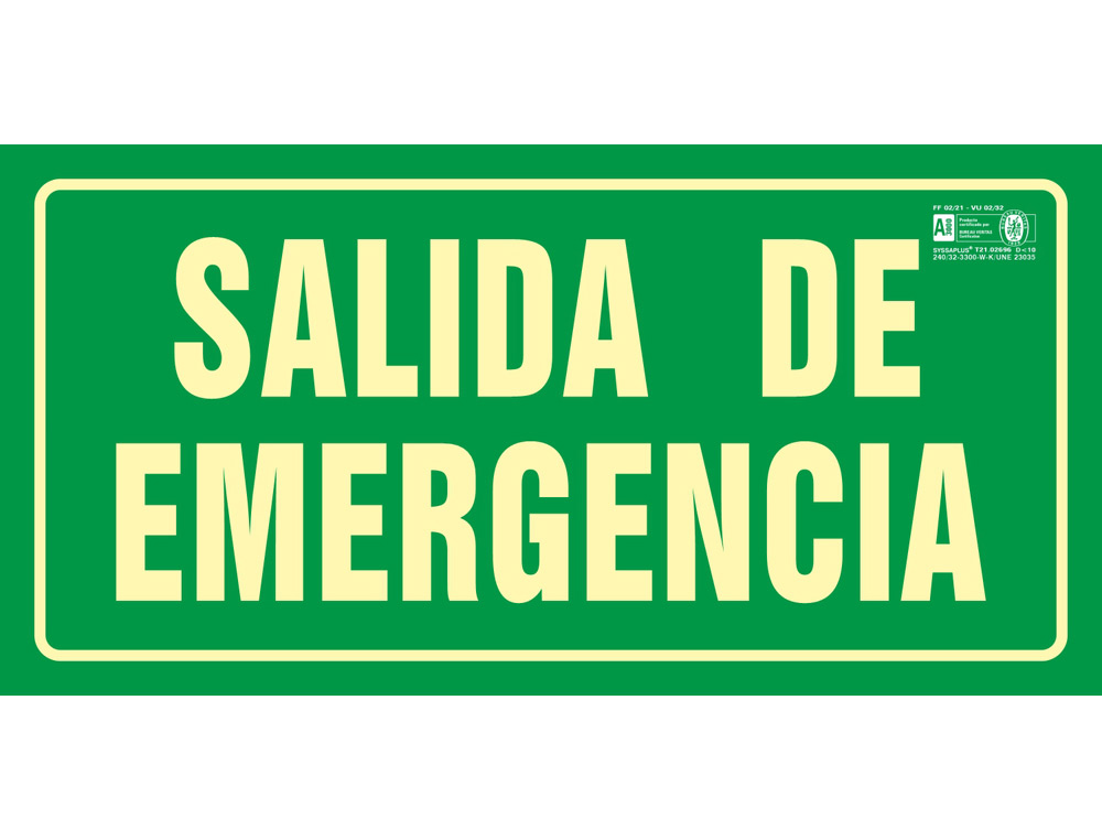 SYSSA - PICTOGRAMA SEÑAL DE SALIDA DE EMERGENCIA EN PVC FOTOLUMINISCENTE 297X148 MM (Ref.9070F)