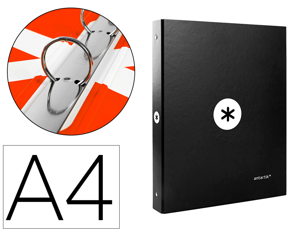 LIDERPAPEL - CARPETA ANTARTIK A4 FORRADA 4 ANILLAS 25 MM REDONDAS COLOR NEGRO (Ref.KA44)