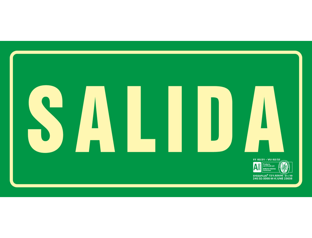 SYSSA - PICTOGRAMA SEÑAL DE SALIDA EN PVC FOTOLUMINISCENTE 297X105 MM (Ref.9030F)