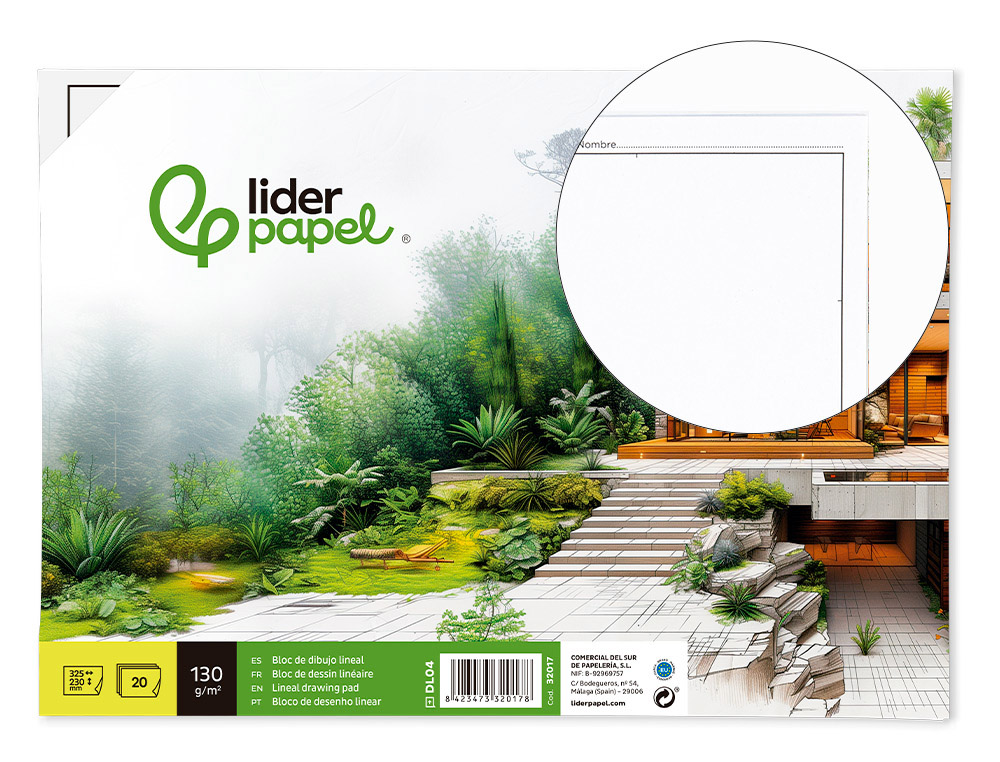 LIDERPAPEL - BLOC DIBUJO LINEAL ENCOLADO 230X325MM 20 HOJAS 130G/M2 CON RECUADRO (Ref.DL04)