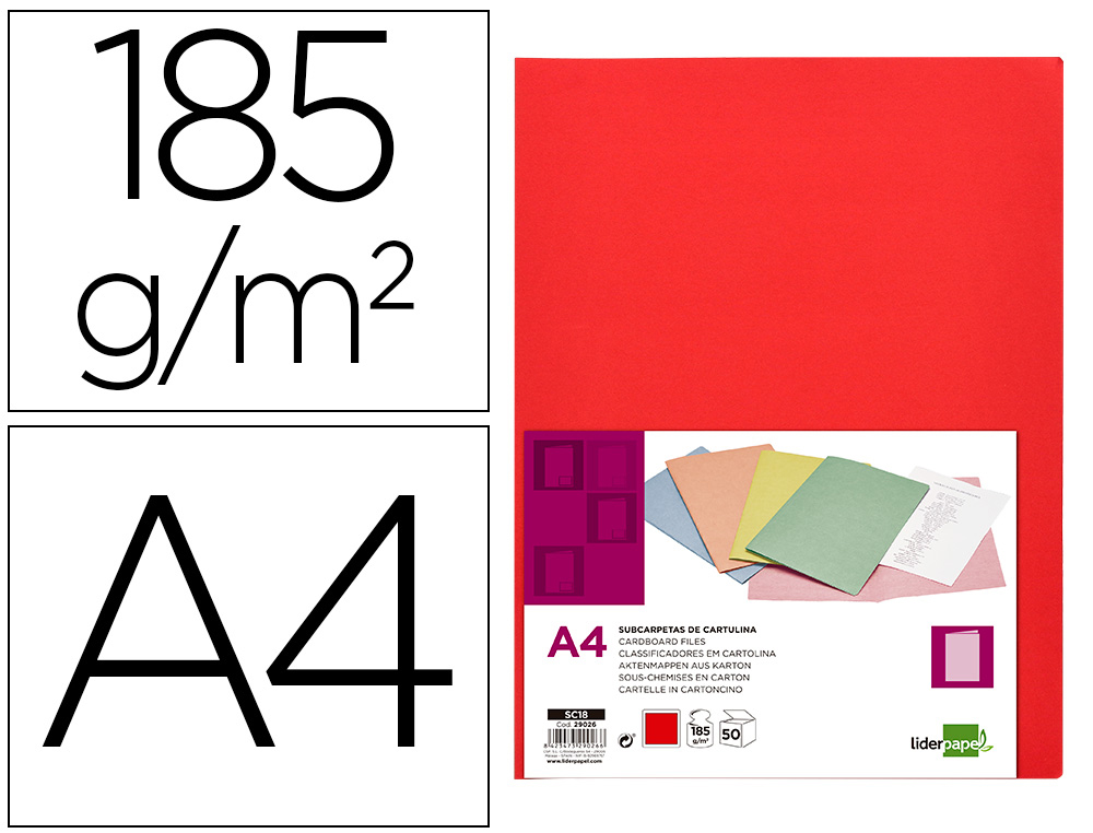 LIDERPAPEL - SUBCARPETA A4 ROJO INTENSO 185G/M2 (Ref.SC18)