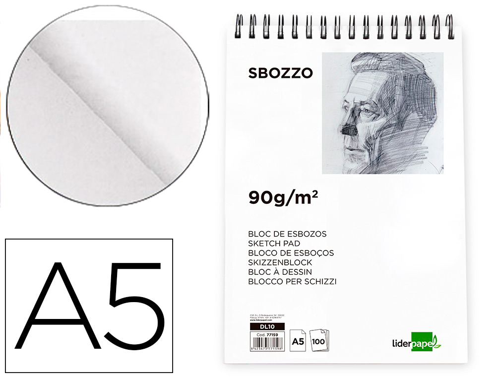 LIDERPAPEL - BLOC DIBUJO ESBOZOS ESPIRAL A5 148X210MM 100 HOJAS 90G/M2 SIN RECUADRO (Ref.DL10)