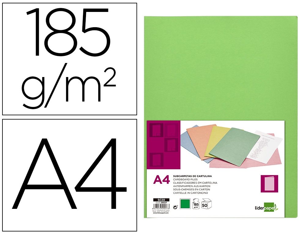 LIDERPAPEL - SUBCARPETA A4 VERDE INTENSO 185G/M2 (Ref.SC20)
