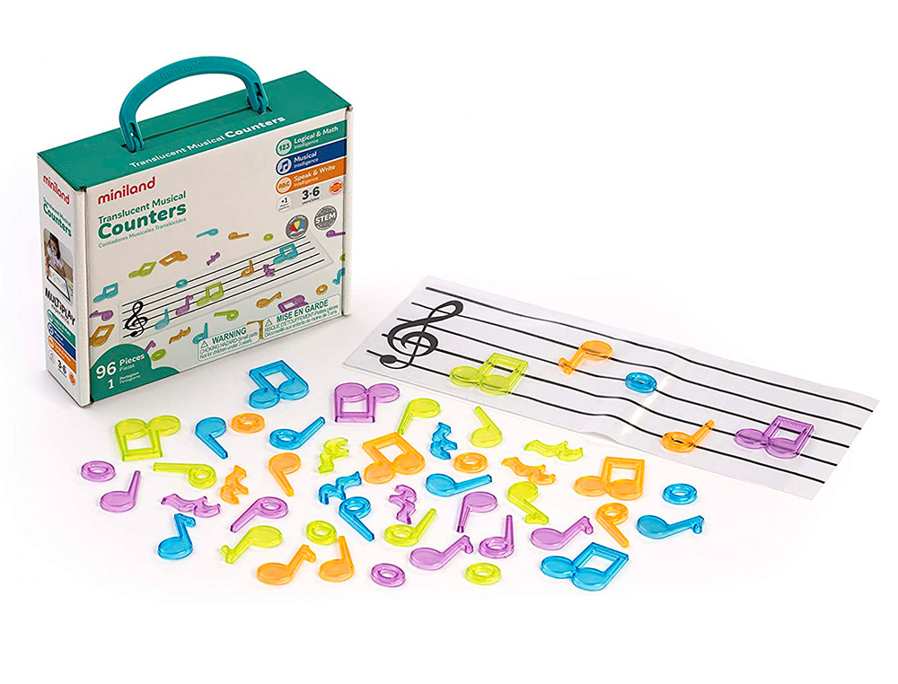 MINILAND - Juego set de contadores translucidos contenido 96 notas musicales y 1 pentagrama transparente (Ref. 97901)