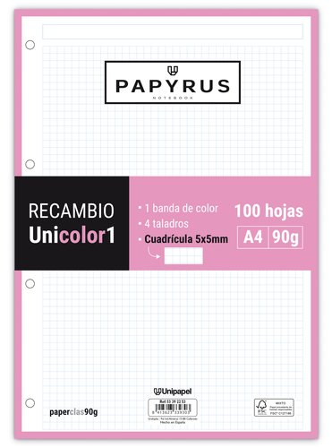 PAPYRUS - RECAMBIO UNICOLOR1 A4 100h 90g MULTITALADRO CUAD.5x5 ROSA CLARO (Ref.53392253)