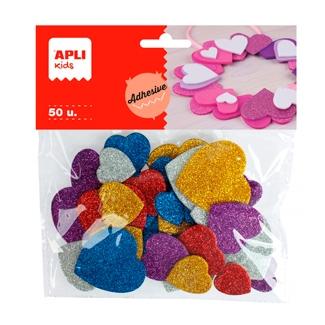 APLI - Bolsa de 50 formas EVA adhesivas de corazones en purpurina (Ref.13484)