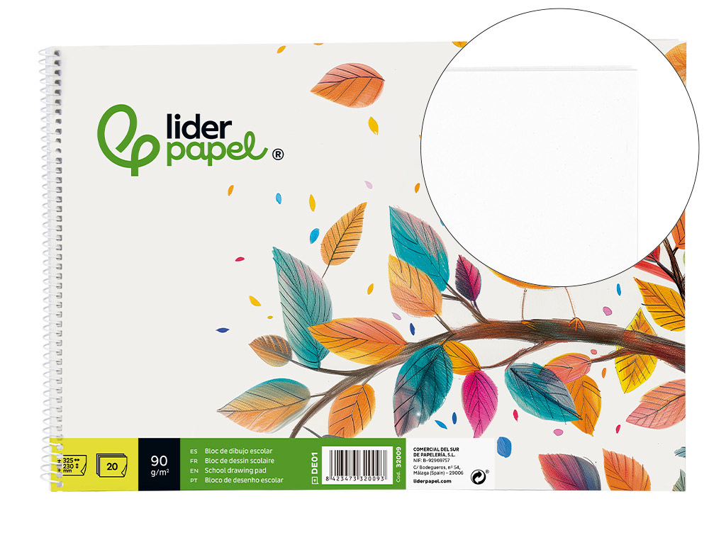 LIDERPAPEL - BLOC DIBUJO ESCOLAR ESPIRAL 230X325MM 20 HOJAS 90G M2 SIN RECUADRO (Ref.DE01)